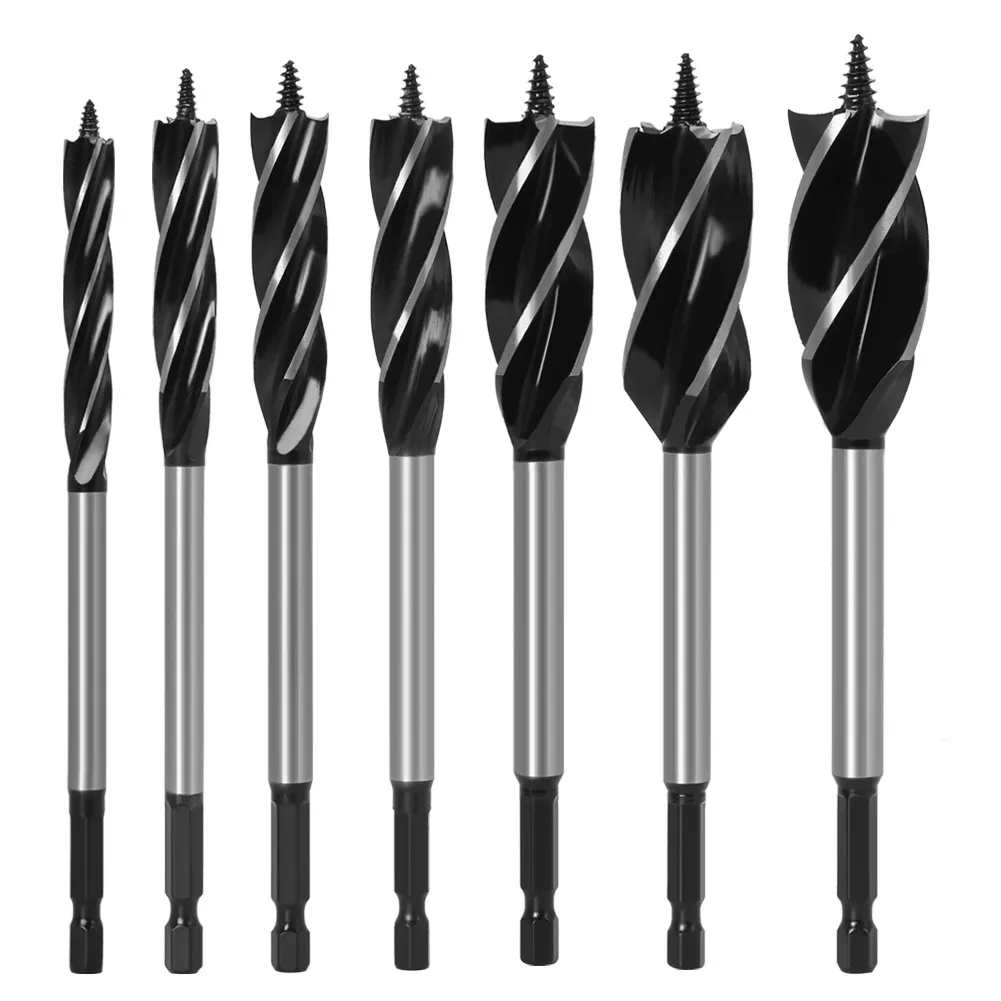 Wood Auger & 4‑Flute Wood Drill Bit Set – Door Lock Hole Cutter, Extra‑Long Hex Shank Drilling Tools for Carpentry